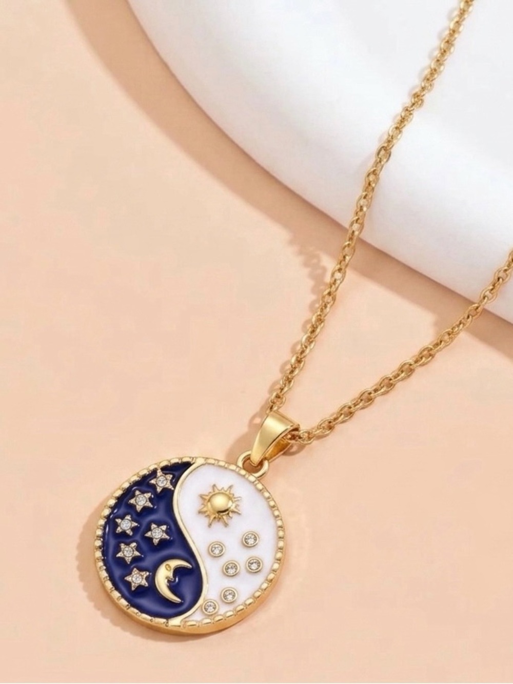 “Night vs Day” Yin Yang Sun Moon Blue White Star Crystal Gold Medallion Necklace - Picture 4 of 8